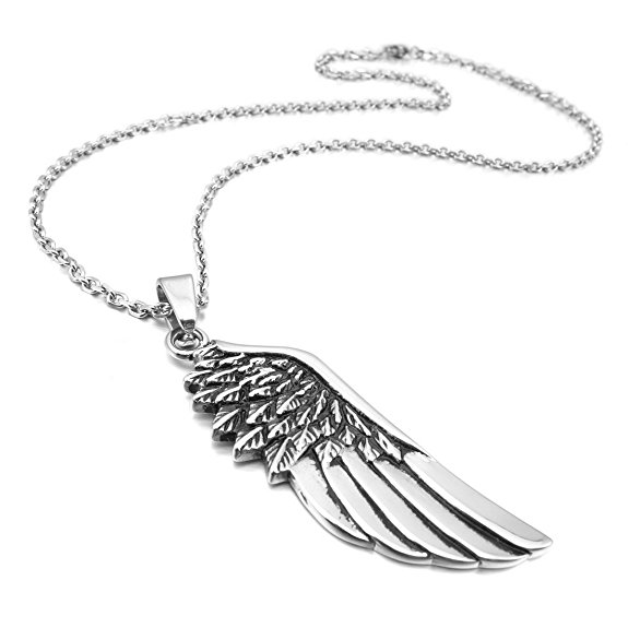 INBLUE Men's Stainless Steel Pendant Necklace Silver Tone Feather Angel Wing -With 23 Inch Chain