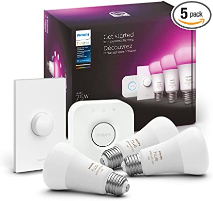 Philips Hue White and Color LED Smart Button Starter Kit, 3 Medium Lumen A19 Smart Bulbs, 1 Smart Button & 1 Hue Hub (Compatible with Alexa, Apple HomeKit & Google Assistant) (563338)