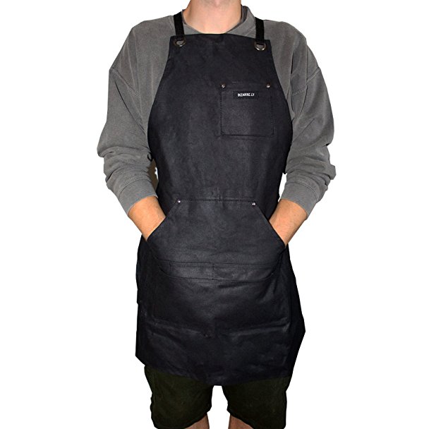 Heavy Duty Waxed Canvas Work Apron in Black by Bizarre.ly - Water Resistant - Adjustable up to XXL - Perfect for the Home or Workshop - Pockets to Hold Tools & Mobile Phone - Suitable for Men / Women
