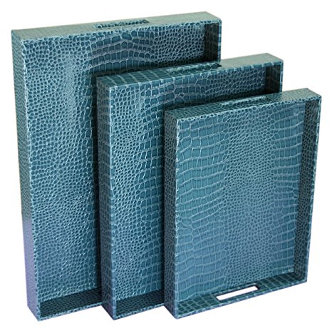 WOOSAL Rectangular Alligator Leather Serving Tray Set with Handles,Set of 3(Large size: 21.3"x14.6"x2.4" ,Blue)