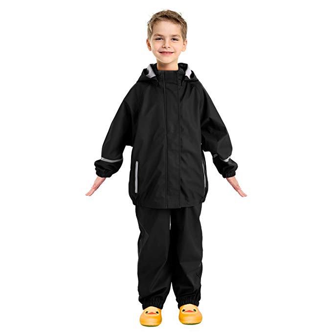 Andake Kids Rain Suit, Waterproof Raincoat Rain Jacket and Bib Overall Pants (4-9Y, Pink/Black)