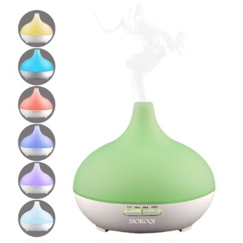 MOKOQI 300ml 9-10 Hours Aromatherapy Essential Oil Diffuser Ultrasonic Aroma Humidifier with Waterless AUTO Shut Off Function and 7 Color Changing LED and 4 Timers and BPA Free for Yoga Office Bedroom