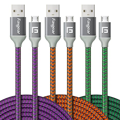 Micro USB Cable, 3 pcs (10ft/3M) Fasgear Nylon Braided Tangle-Free Fastest charger data colorful cable with Metal Connectors for Android, Samsung galaxy S7/S7 edge and more (Purple,Orange,Green)