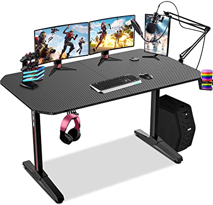 55 Inch Ergonomic Gaming Desk, T-Shaped PC Game Computer Desk Workstation, Home Office Gamer Desk, Professional Gaming Desk with Full Desk Mouse Pad, Cup Holder & Headphone Hook