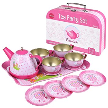 Tin Tea Set for Toddlers Pretend Play Afternoon Tea Party Game Toys with Suitcase & Kerchief by Peradix