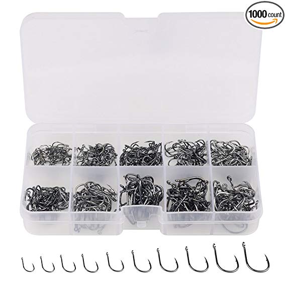 Goture Fishing Hooks 500pcs Small Size Freshwater Fishhook Jig Circle Fishing Hooks Soft Bait Texas Rig Set 50Pcs in a box for Saltwater