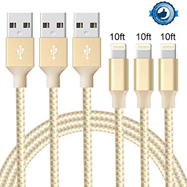 Jebei Lightning Cable, iPhone Charging Cord, 3Pack 10FT Nylon Braided Data Syncing to USB Charger for iPhone X/8/8 Plus/7/7 Plus/6s/6s Plus/6/6 Plus/5s/5/and iPad etc. - GoldWhite