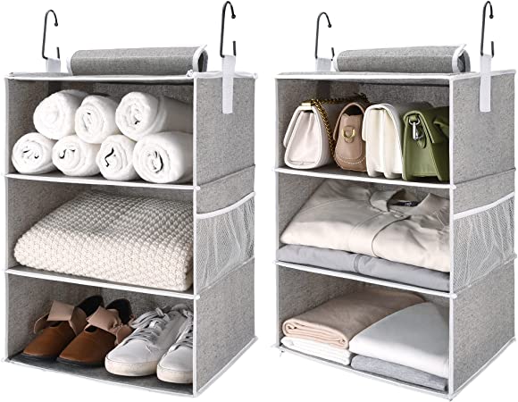 StorageWorks 6-Shelf Jumbo Hanging Closet Organizers, Two 3-Shelf Separable Closet Hanging Shelves, Canvas, Gray, 15" W x 13" D x 42" H