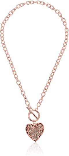 GUESS Womens Swirl Pave Heart Toggle Pendant Necklace