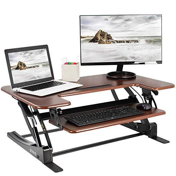 VIVO Dark Wood 36” Stand Up Desk Converter Workstation | Quick Sit to Stand Tabletop Monitor Riser (DESK-V000VD)