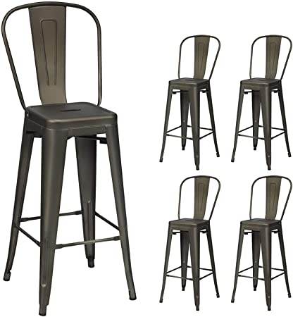 COSTWAY Metal Bar stools Set of 4, with Removable Back, Cafe Side Chairs with Rubber Feet, Stylish and Modern Chairs, for Kitchen, Dining Rooms, and Side Bar (Gun-Update, 30'')