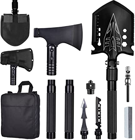 Survival Shovel Axe Set-Multifunctional Camping Axe Shovel Sets High Carbon Steel Tactical Shovel and Axe Combination 3 Thicken Extension Handles 20-30.7 Inch Gear and Equipment for Hiking Camping