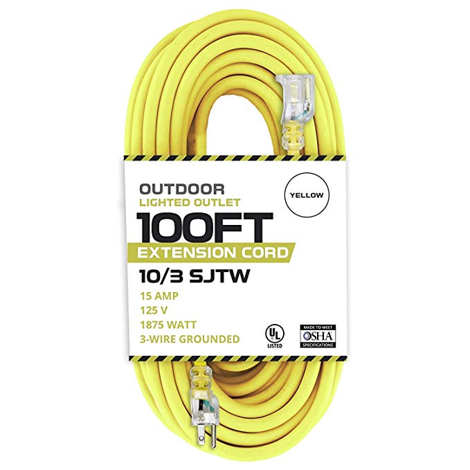 Lighted Outdoor Extension Cord - 10/3 SJTW Heavy Duty Yellow Cable with 3 Prong Grounded Plug for Safety - Great for Garden and Major Appliances (100 Feet Long)