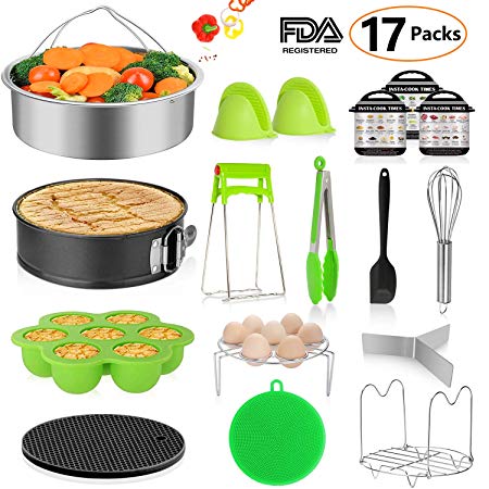 MIBOTE 17pcs Pressure Cooker Accessories Set fits Instant Pot 5,6,8 Qt, Steamer Baskets, Springform Pan, Egg Steamer Rack, Egg Bites Mold, Kitchen Tong, Silicone Pad, Oven Mitts, Cheat Sheet Magnet