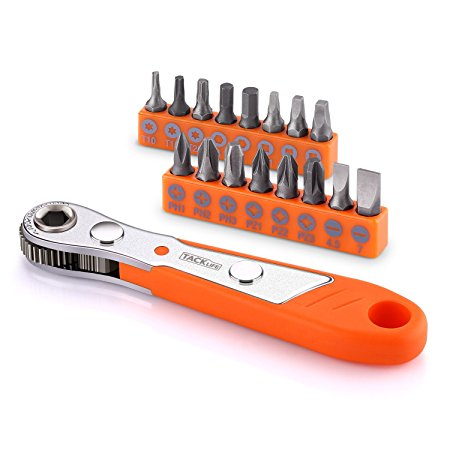 Tacklife HRSB1A 17pcs Mini Ratchet Wrench Screwdriver Bit Set 1/4" Drive Size with 36-tooth Close-Quarters Reversible Drive Handle and Multi Bits Set