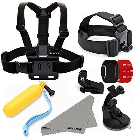 Aodoor Accessories 5 in 1 Kit for Gopro Hd Hero4hero3hero3hero2hero Cameram Plane J-shaped Base Car Suction Cup Mount Holderseven Centimeters in Diameter Chassis  Chest Harness  Head Strap Mount Floating Handle Grip  Long Screws  Fixed Rope