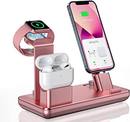 3 in 1 Charging Station for Multiple Devices Apple, YoFeW Charger Stand for iPhone Series, AirPods Pro 3/2/1, Charging Dock for Apple Watch Series 7/6/SE/5/4/3/2/1, Rose Gold