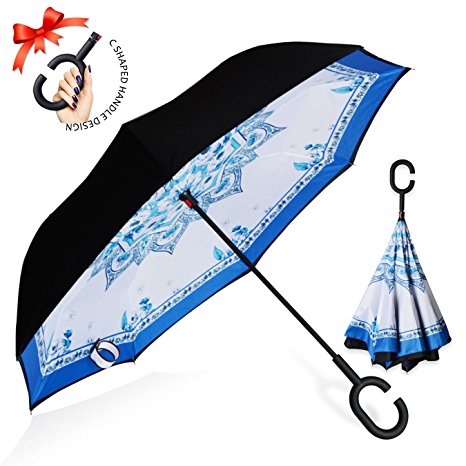 ZOMAKE Double Layer Inverted Umbrella Cars Reverse Umbrella, UV Protection Windproof Large Straight Umbrella for Car Rain Outdoor With C-Shaped Handle