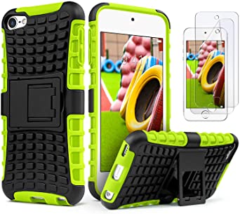 iPod Touch 7 Case with 2 Screen Protectors,iPod 6 Case,iPod 5 Case, IDweel Heavy Duty Dual Layer Shockproof Hybrid Rugged Cover Case with Built-in Kickstand for Apple iPod Touch 5/6/ 7th Gen, Green