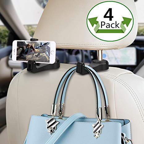 Car Headrest Hook with Phone Holder Normei Auto Vehicle Back Seat Headrest Hanger Hooks for Purse Luggage Bags Cloth Grocery 4 Pack