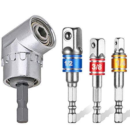 Screwdriver Bit Sets with Right Angle Drill,105 Degree Right Angle Screwdriver set Drill Hex Bit Socket Adapter   3Pcs 1/4" 3/8" 1/2" Hex Shank Impact Grade Driver Socket Adapter/Extension Set Drill