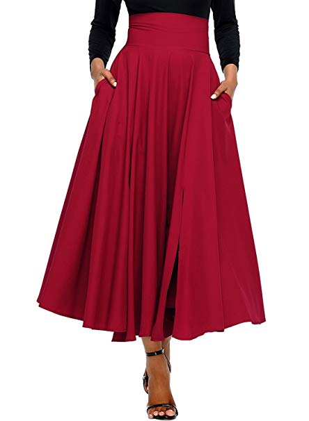 Diukia Women's High Waist Casual A-Line Pleated Belted Long Maxi Skirt Dress with Pocket(S-2XL)