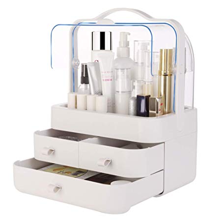 Makeup Organizer-Clear Cosmetic Storage Display Boxes with Dustproof Waterproof Lid, Handle, Drawers-Jewelry & Makeup Storage Holder for Vanity, Skin Care Products Rack, Bathroom Counter Finishing Box