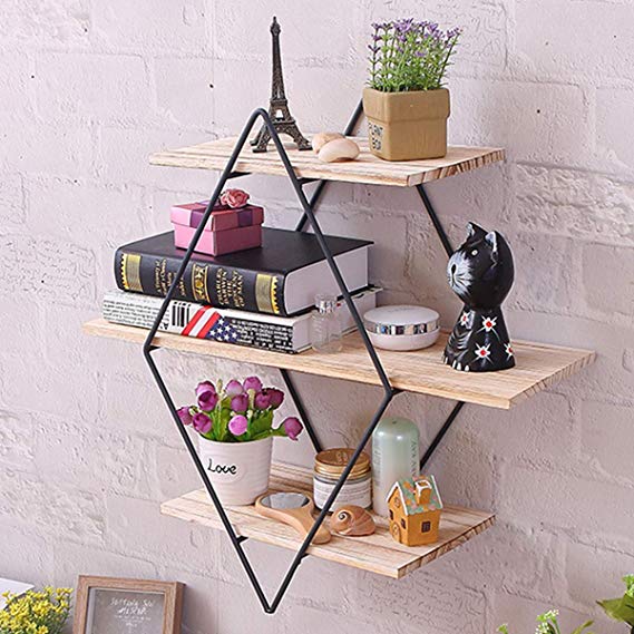 KingSo Rustic Wood Wall Floating Shelves,Decorative Wall Shelf for Bedroom, Living Room, Bathroom, Kitchen, Office and More (Rhombus)