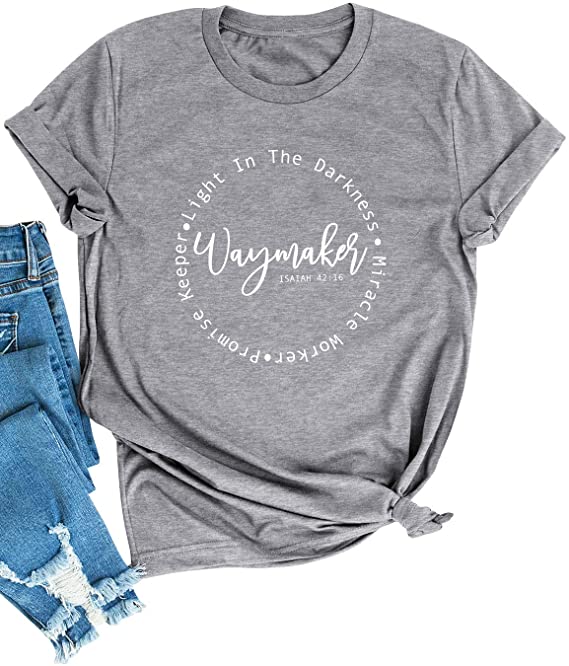 WLLW Womens Waymaker Miracle Worker Promise Keeper Letter Print Short Sleeve T Shirt Graphic Tees Tops