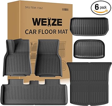 Weize Floor Mats for Tesla Model Y 5-Seat 2021 2022 2023 2024 All Weather TPE Cargo Liner Floor Mats and Cargo Trunk Mats Accessories, Set of 6 Mats