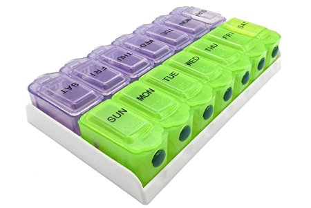7 day AM PM or double push button pill organizer Weekly Pill Organizer Case Box Holder Dispenser for Your Supplements and Pills by SURVIVE Vitamins Translucent green and purple