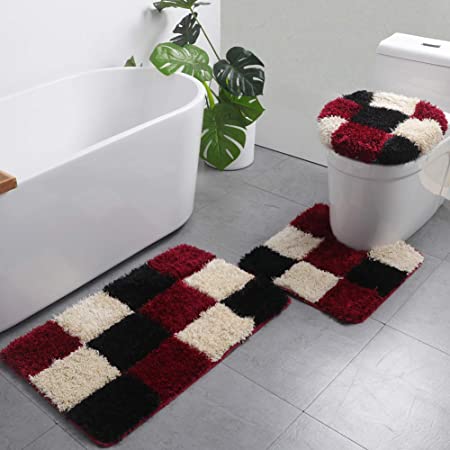 2 Pieces Bathroom Rugs Set Water Absorbent Comfy Shaggy Bath Toilets Mats Set Washable U-Shape Contoured Toilet Mat & Bath Rug for Tub, Shower, Bathroom - Red