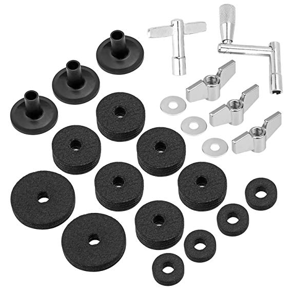23 Pieces Cymbal Replacement Accessories Cymbal Felts Hi-Hat Clutch Felt Hi Hat Cup Felt Cymbal Sleeves with Base Wing Nuts Cymbal Washer and Drum Keys for Drum Set (Black)