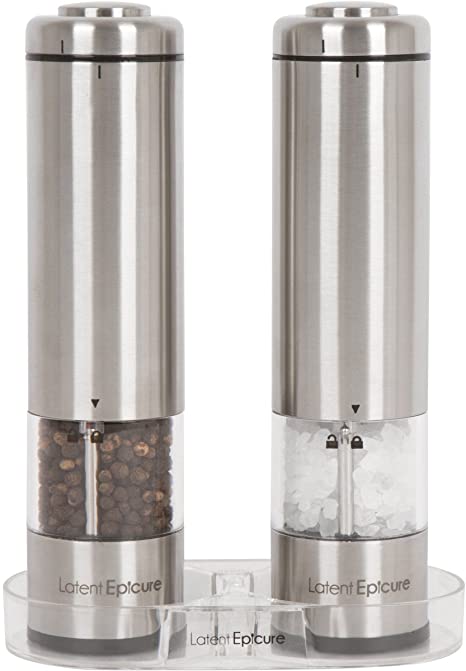 Latent Epicure Battery Operated Salt and Pepper Grinder Set (Pack of 2 Mills) - Complimentary Mill Rest | LED Light | Adjustable Coarseness |