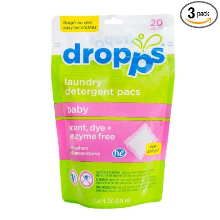 Dropps HE Baby Laundry Detergent Pacs, Scent, Dye and Enzyme-Free, 20 Counts (Pack of 3)