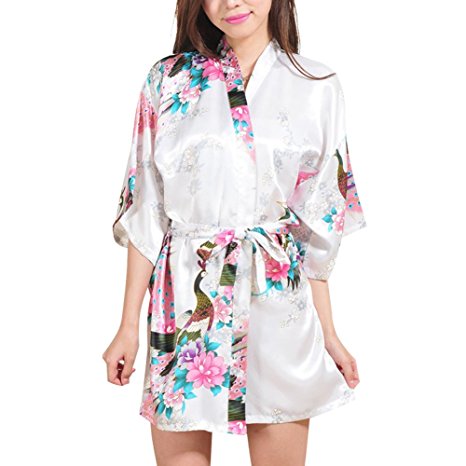 FAYBOX Bridesmaid Peacock Short Kimono Robe Wedding Satin Silk Sleepwear