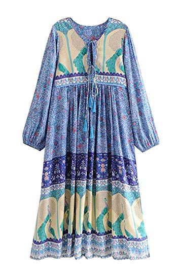 R.Vivimos Women's Long Sleeve Floral Print Retro V Neck Tassel Bohemian Long Dresses