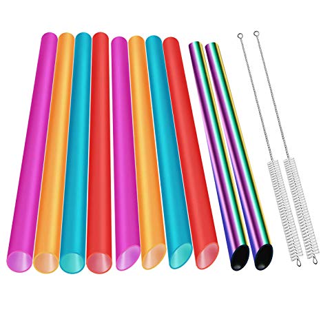 10 Pieces Reusable Boba Straws and Smoothie Straws, 4 Pieces Angled Tips Boba Straws, 4 Pieces Smoothie Straws and 2 Pieces Rainbow Stainless Steel Straws with 2 Cleaning Brushes and 1 Straw Case