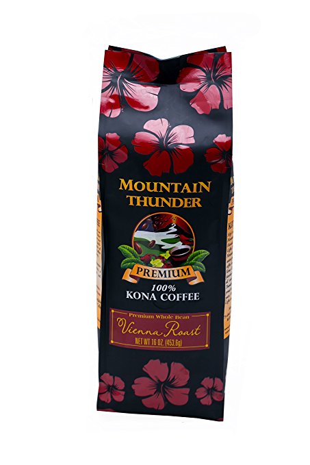100% Kona Coffee - Premium - Whole Bean - Vienna Roast - 16 Ounce Bag - by Mountain Thunder Coffee Plantation