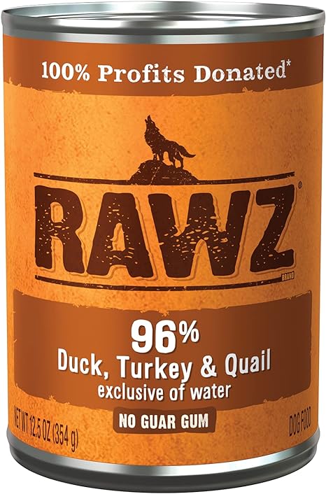 Rawz 96% Meat Canned Wet Food for Dogs 12 Pack/ 12.5 oz. Cans (Duck,Turkey&Quail)