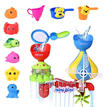 11 PCs Toddler Bath Toys, Windmill Waterfall Water Station with Sea Animals Squirter Toys, Stackable Cups and Fishing Net