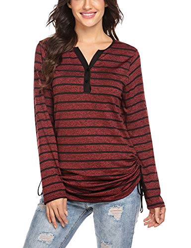 Chigant Womens Casual Long Sleeve Blouse V Neck 3/4 Sleeves Tops Adjustable Drawstring Striped T-Shirt Tunics Henley Shirts
