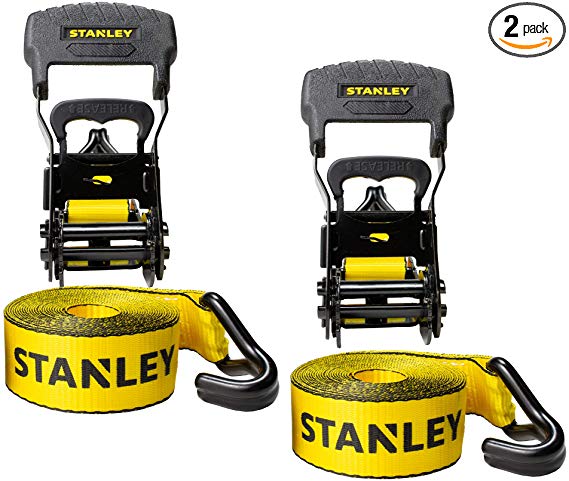 Stanley S1007 Black/Yellow 1.5" x 16' Ratchet Tie Down Straps - Heavy Cargo Hauling (3,300 lbs. Break Strength), 2 Pack