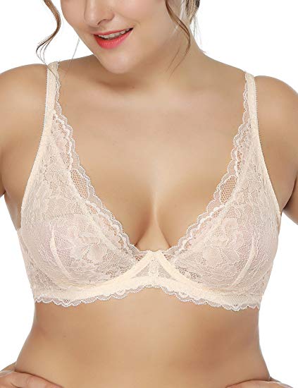 WingsLove Women's Sexy Lace Bra Plunge Unlined Underwire Balconette Bras