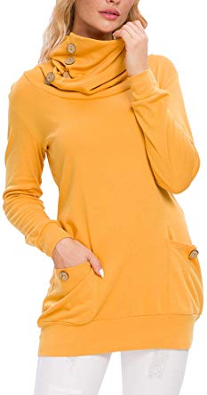 Levaca Womens Long Sleeve Button Cowl Neck Casual Slim Tunic Tops with Pockets