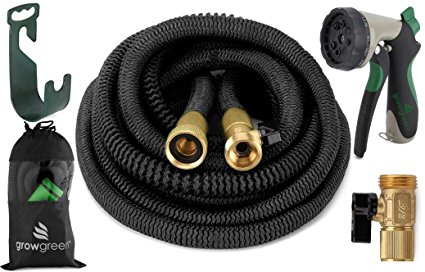 HEAVY DUTY {Improved Design} 75' Feet Expandable Hose Set, Strongest Garden Hose On Earth. With All Solid Brass Connector & 8-pattern Spray Nozzle,  Hose Hanger,   Storage Sack, by GrowGreen