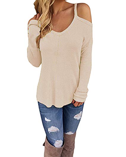 CNFIO Women's Cold Open Shoulder Tops Plain Shirts V Neck Long Sleeve Tee Knitted Loose Casual Blouses