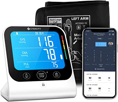 Etekcity Bluetooth Blood Pressure Monitor, Upper Arm BP Monitor Machine with LCD Display, 2-User with 90 Memory Each, Soft Wide-Range Cuff, FDA Compliant
