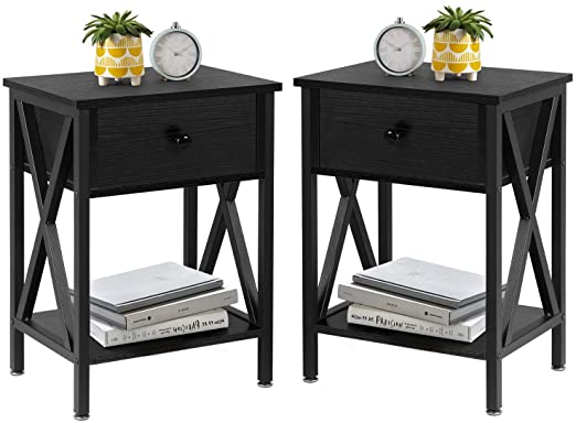 VECELO Modern Versatile Nightstands X-Design Side End Table Night Stand Storage Shelf with Bin Drawer for Living Room Bedroom, Set of 2 (Black)