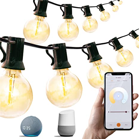 Newhouse Lighting 48ft. 25-Socket Smart LED String Remote Controlled Outdoor Lights,Smart Life App,Works with Alexa,Dimmable Outdoor Patio Accessories with Timer,G40 E17,30W,2700K,Black,SMG40STRING15